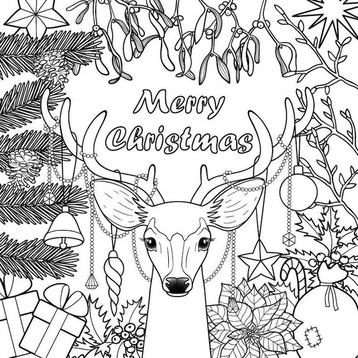 merry christmas written above drawing of deer christmas coloring pages for kids flowers pinecones presents around it