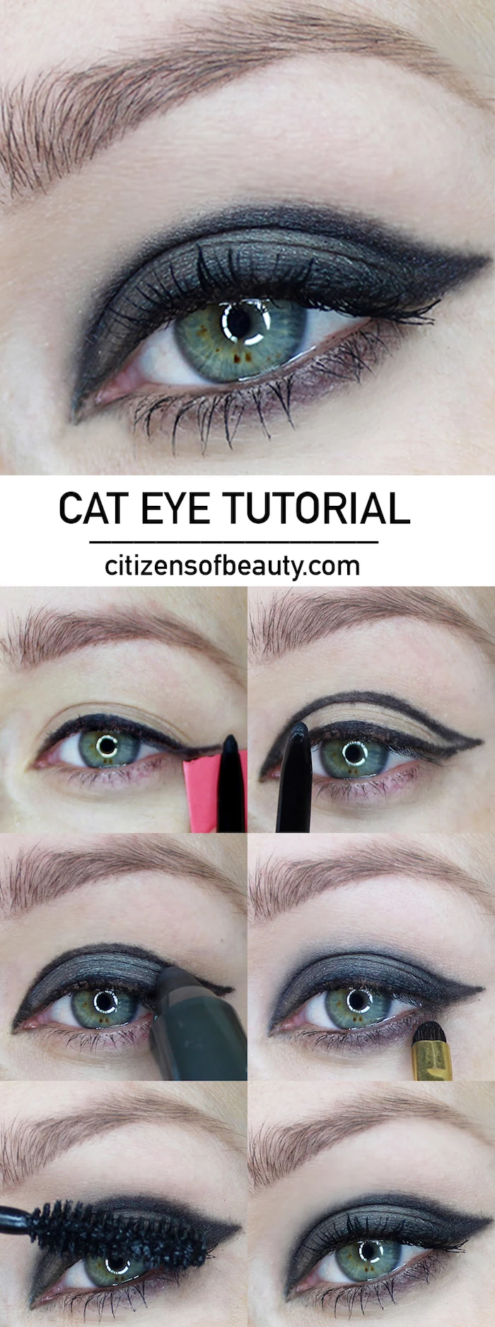 photo collage of step by step cat eye tutorial in six steps winged eyeliner tutorial on woman with green eyes