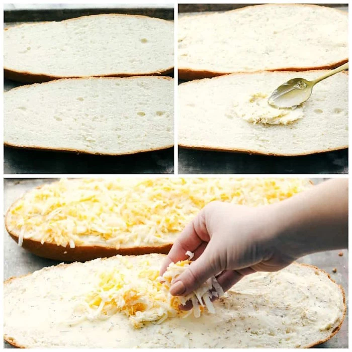 photo collage of step by step diy tutorial for cheesy garlic bread recipe christmas ham dinner