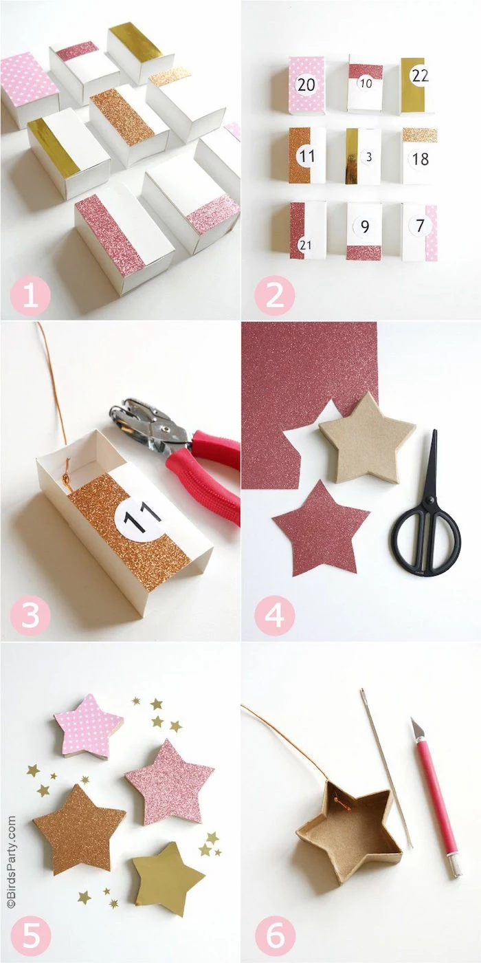 photo collage of step by step tutorial homemade advent calendar decorated with glitter stars small labeled boxes