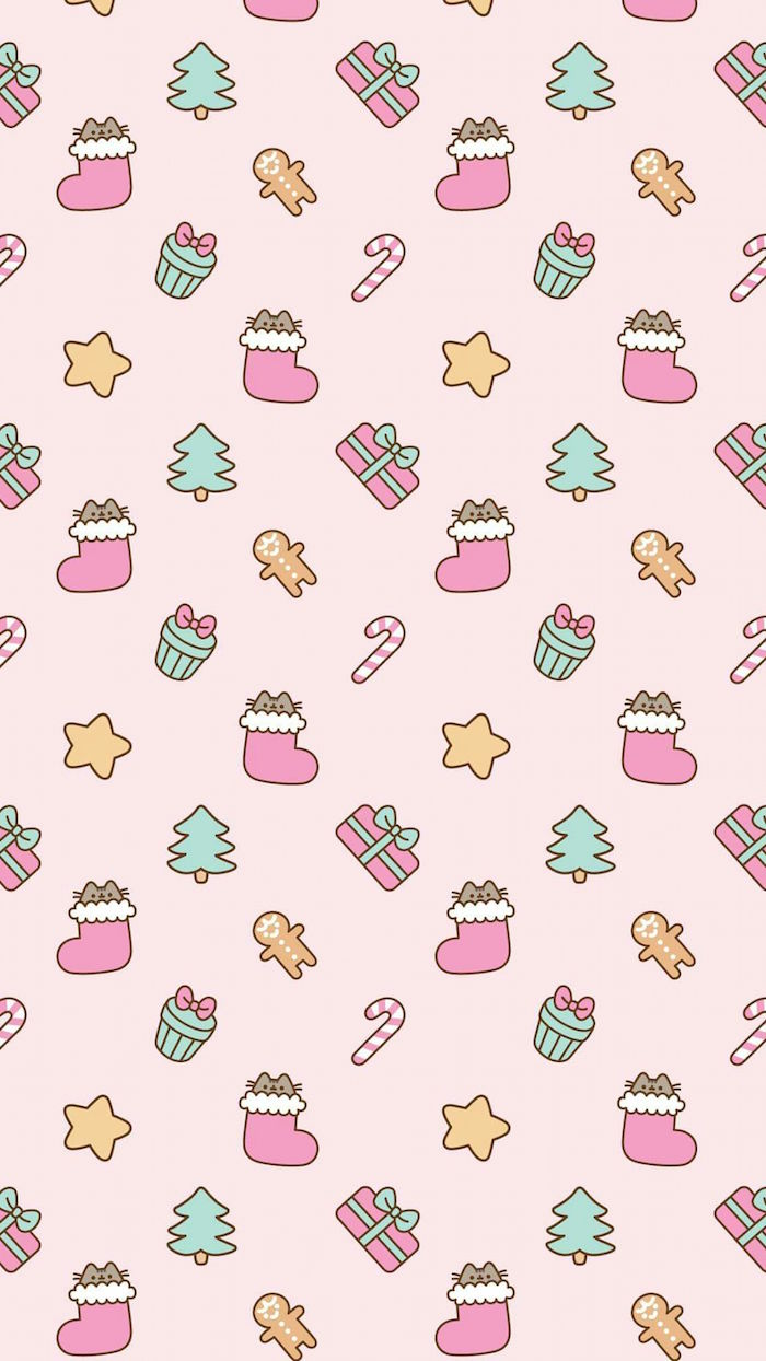 pink background with drawings on it christmas desktop backgrounds stockings presents candy canes christmas trees stars gingerbread men