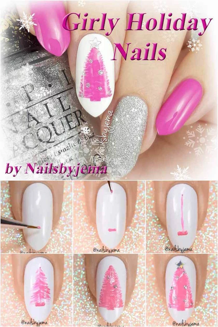 pink girly holiday nails christmas nail designs step by step diy tutorial pink and silver nail polish pink christmas tree decorations