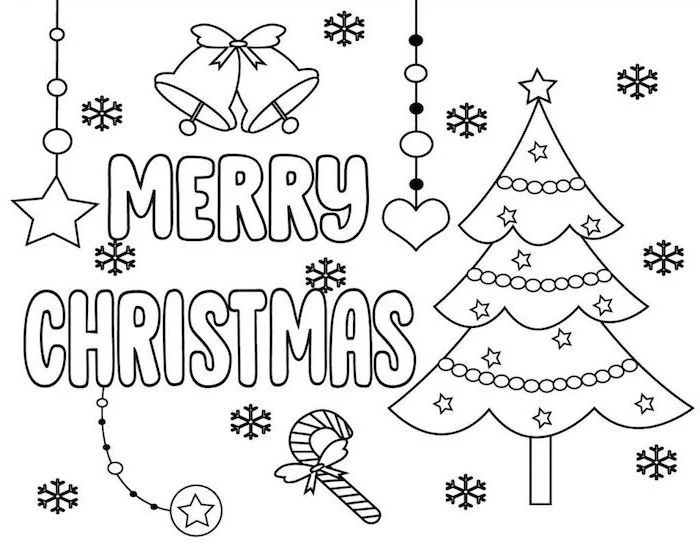 printable christmas coloring pages merry christmas written next to decorated christmas tree snowflakes bells candy cane