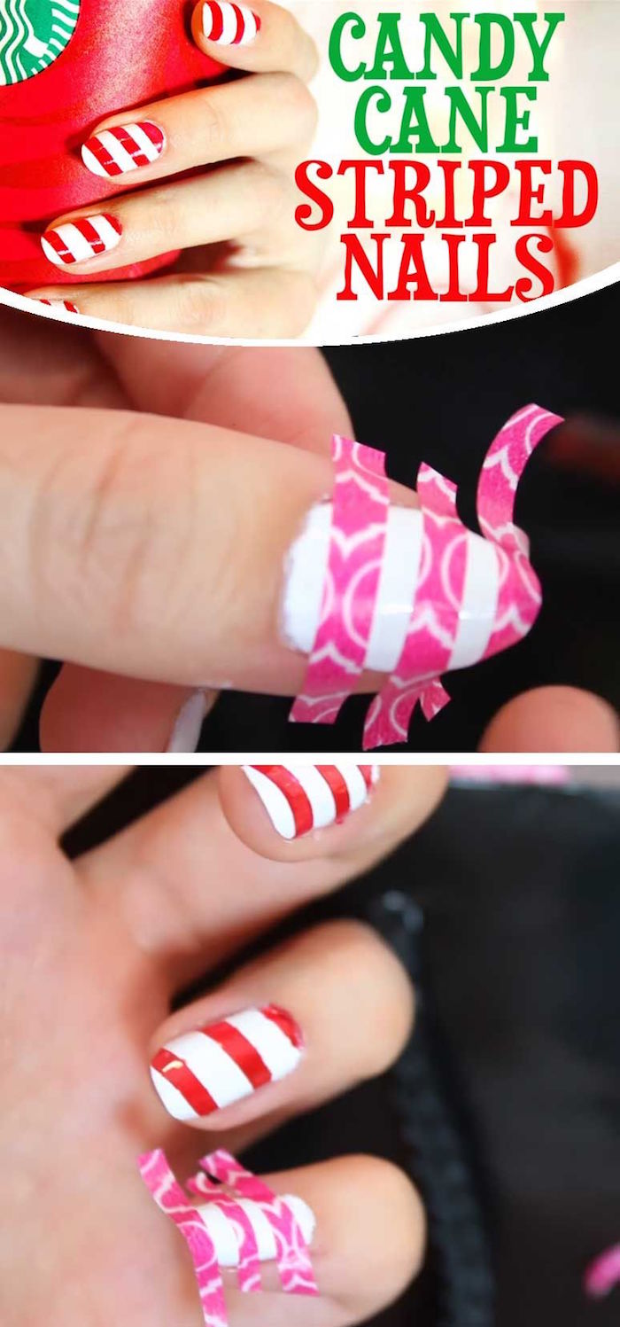 red and white striped candy cane nails step by step diy tutorial christmas nails 2020 short squoval nails