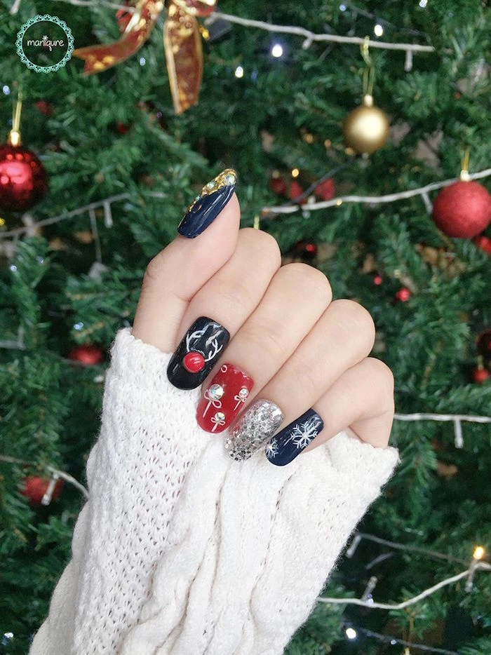 red blue black silver glitter nail polish on medium length squoval nails holiday nails 2020 christmas inspired decorations