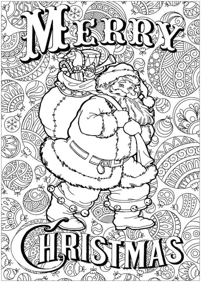 santa clause carrying bag full of gifts free printable christmas coloring pages baubles in the background merry christmas written
