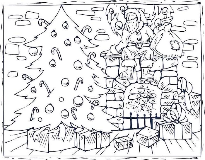 santa clause sitting on the fireplace holding a bag coloring sheets for kids decorated christmas tree next to fireplace