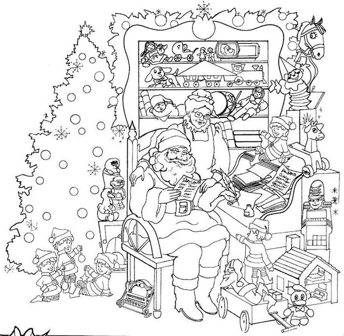 santa clause with mrs clause and the elves sitting next to piano christmas coloring pages christmas tree and toys around them