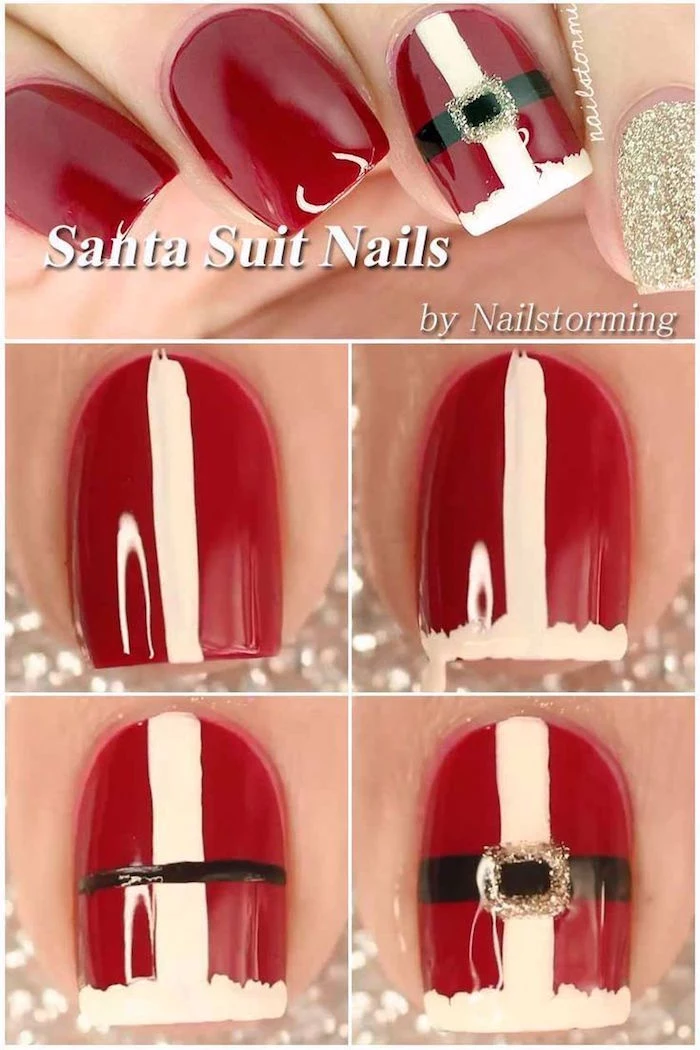 santa suit nails step by step diy tutorial christmas nail colors red nail polish gold glitter nail polish on the pinky finger
