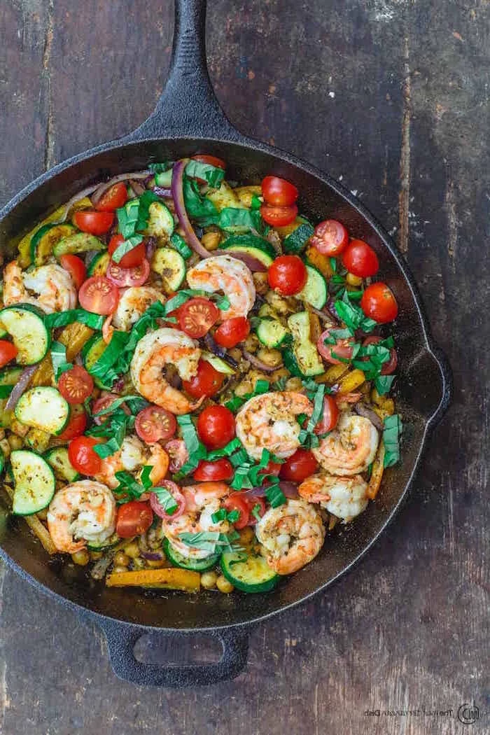 sauteed shrimp zucchini with cherry tomatoes chopped parsley cooked inside skillet garlic shrimp recipe
