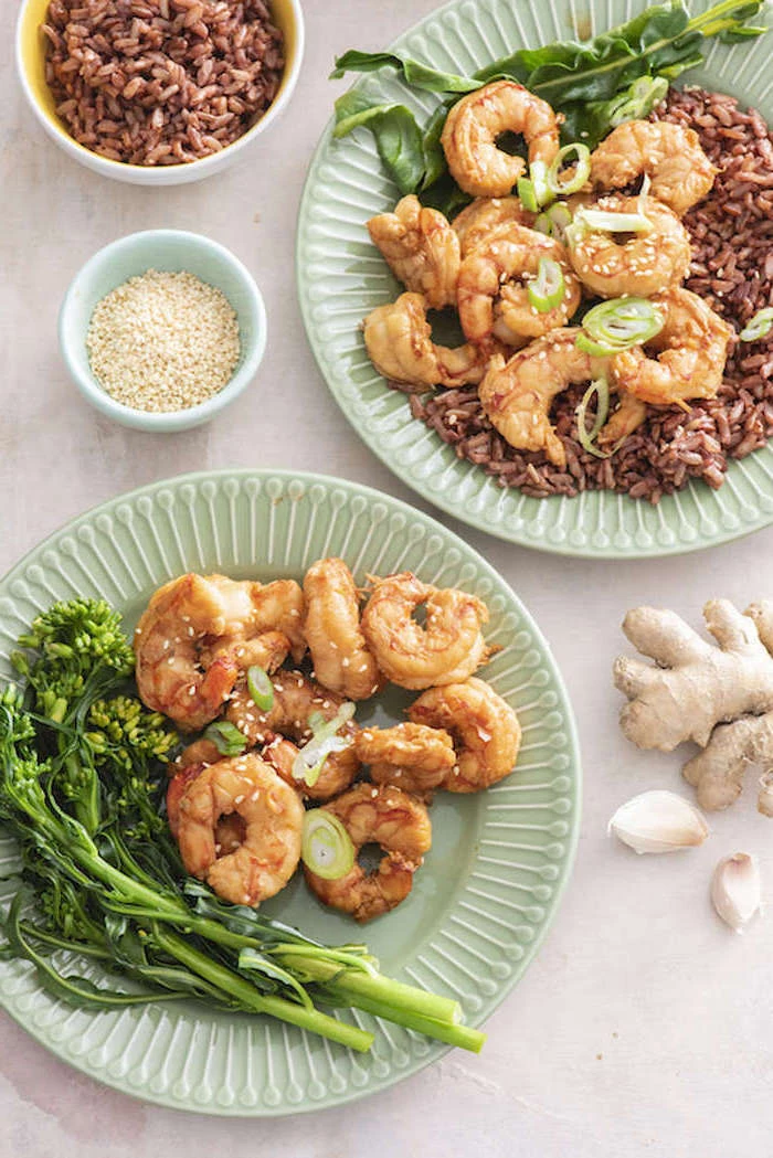 shrimp recipes sauteed asian shrimp cooked with brown rice wild onion ginger placed on turquoise plates