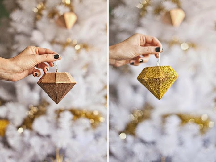 side by side photos unique christmas ornaments diamond shaped ornament one painted gold other with gold glitter