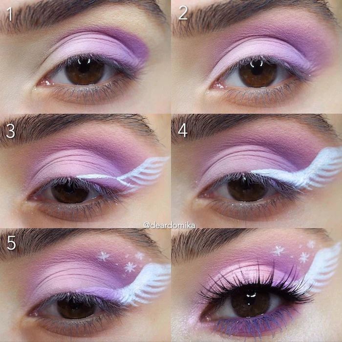 six step winged eyeliner tutorial with purple eyeshadoe and white wing drawn on the side of the eye