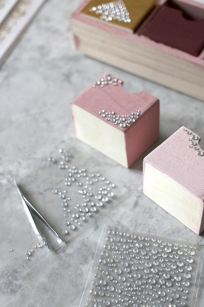 small wood boxes painted in pink christmas tree advent calendar decorated with silver rhinestones