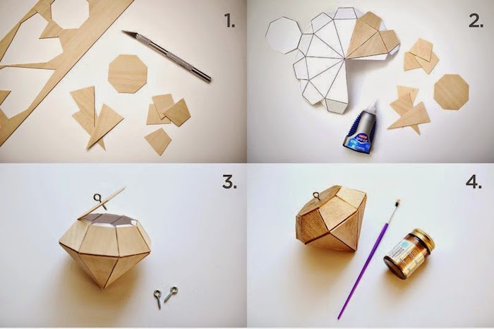 step by step diy tutorial for diamond shapes wooden ornament unique christmas ornaments how to make and ornament painted gold