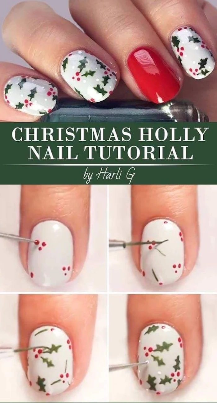step by step diy tutorial for mistletoe decorations on white nail polish christmas nail colors short squoval nails