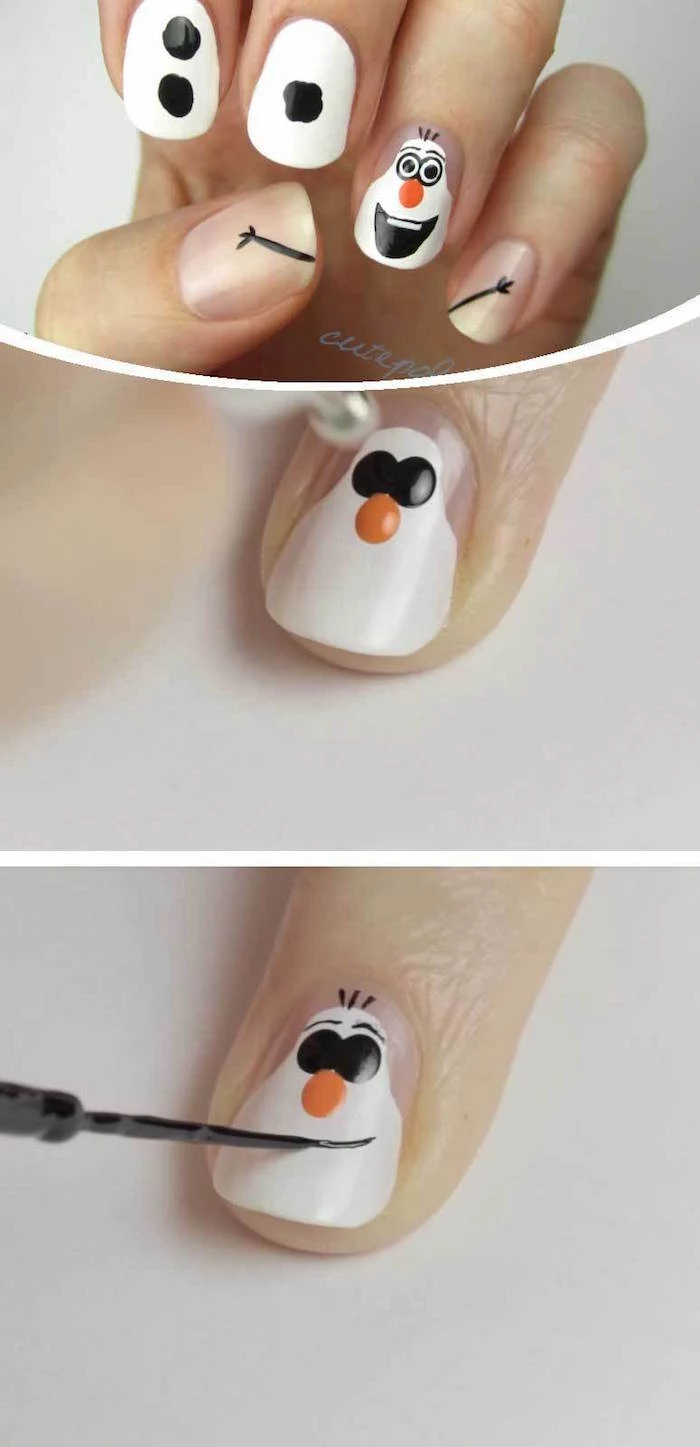 step by step diy tutorial short squoval nails with decorations of olaf from frozen christmas nail designs white nail polish