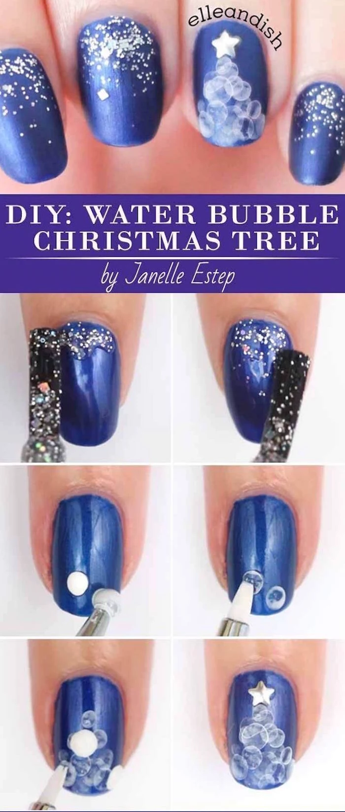 step by step diy tutorial water bubble christmas tree on navy blue nail polish christmas nail designs short squoval nails