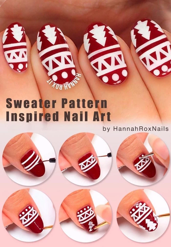 sweater pattern decorations on medium length almond nails step by step diy tutorial simple christmas nails