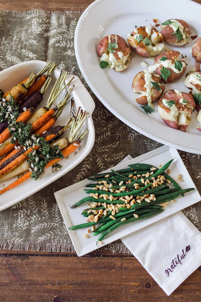 thanksgiving dinner ideas grateful white napkin casserole with roasted carrots potatoes beans gray table runner