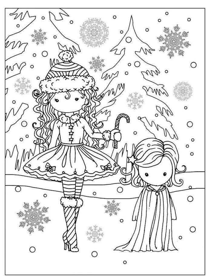 two girls dressed in winter clothes standing in the snow printable christmas coloring pages evergreen trees behind them lots of snowflakes