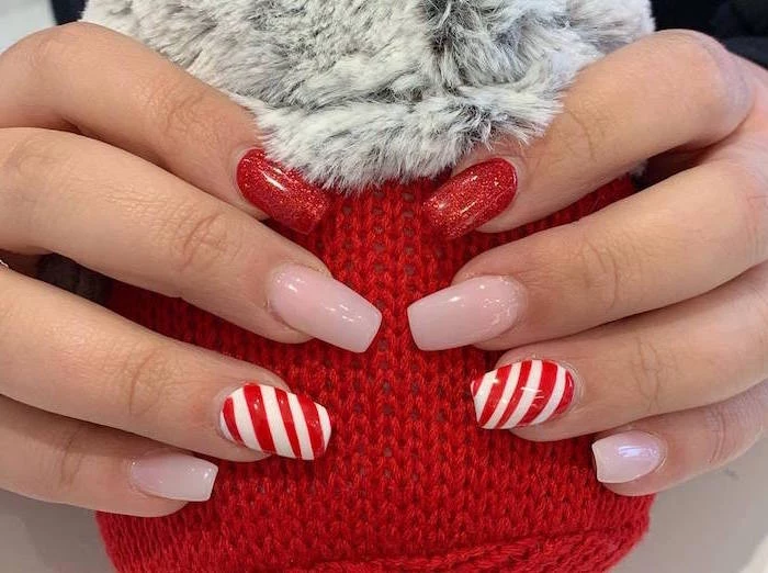 white and red striped decorations nude and red glitter nail polish christmas nail designs long square nails