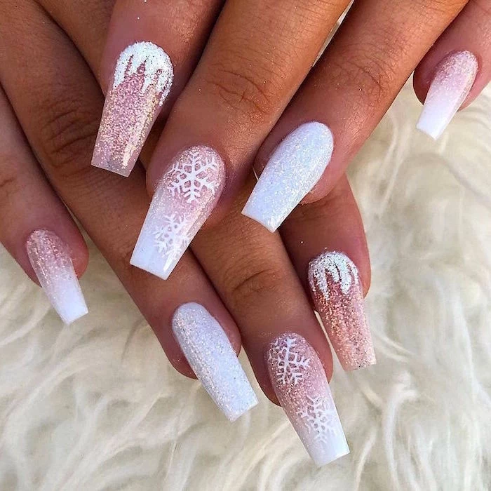white and silver glitter nail polish christmas acrylic nails snowflake decorations on long coffin nails