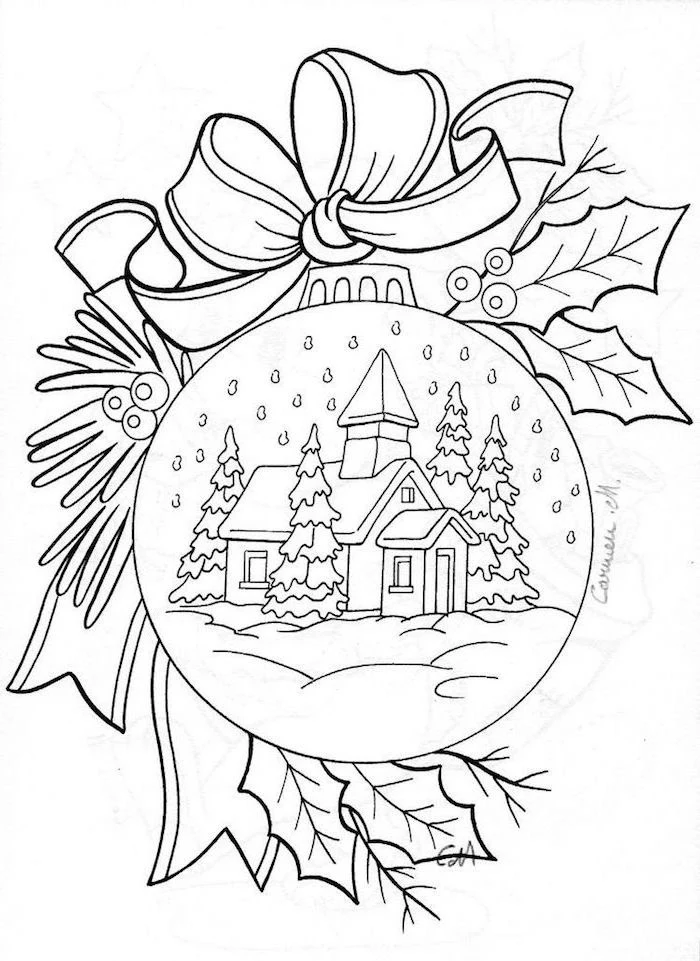 white background black outline of bauble with ribbon and mistletoe around it christmas coloring pages house covered with snow inside