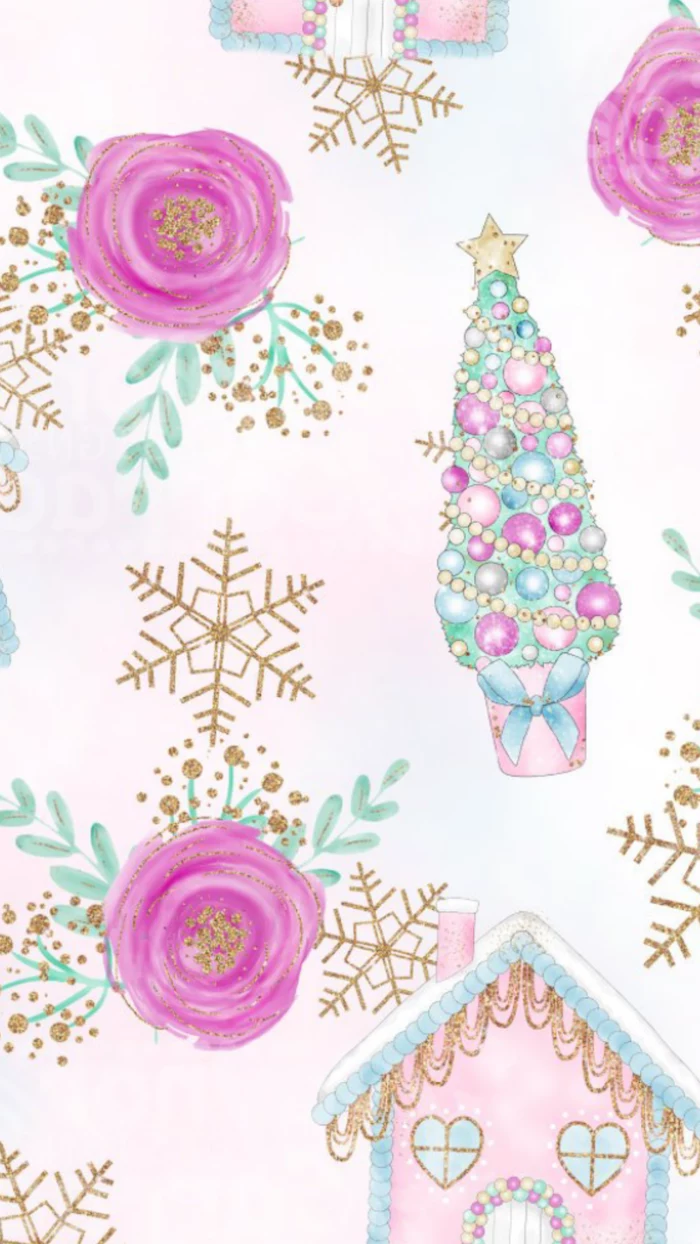 white background christmas desktop backgrounds drawings of pink roses gold snowflakes gringerbread house christmas tree