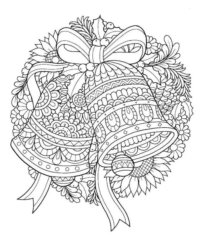 white background coloring pages for kids two bells hanging on a wreath made from flowers and mistletoe