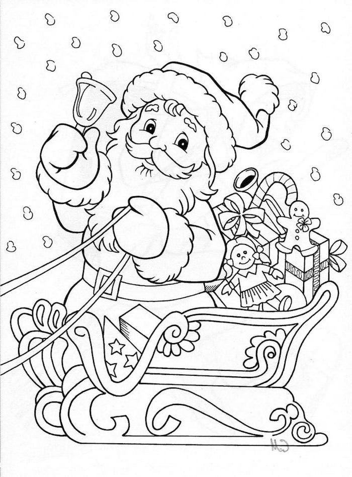 white background free coloring pages for kids santa clause ringing a bell sitting in his sleigh free coloring pages for kids presents in the back