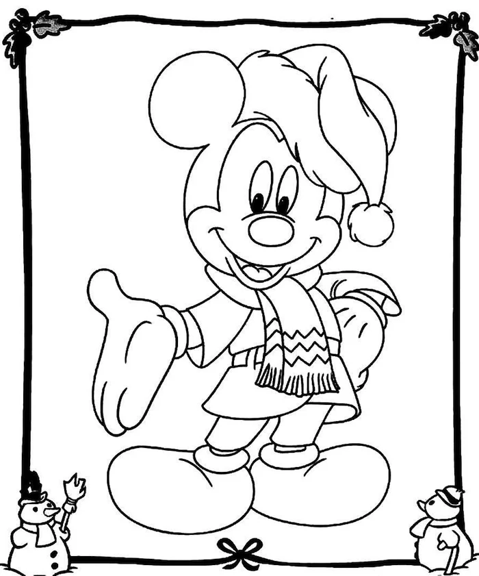 white background free printable coloring pages for kids drawing of mickey mouse with winter scarf and hat disney inspired drawing