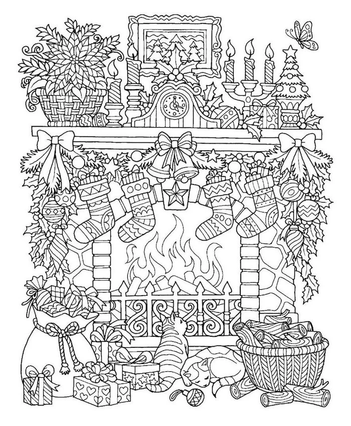 white background of fireplace covered with wreaths garlands candles stockings christmas coloring pages for kids two cats in front of it