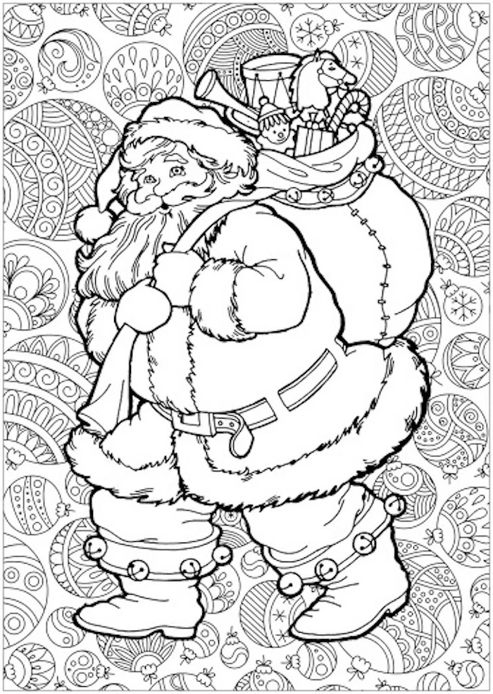 white background of santa clause drawing carrying bag full of toys presents free printable coloring pages for kids abstract baubles in the background
