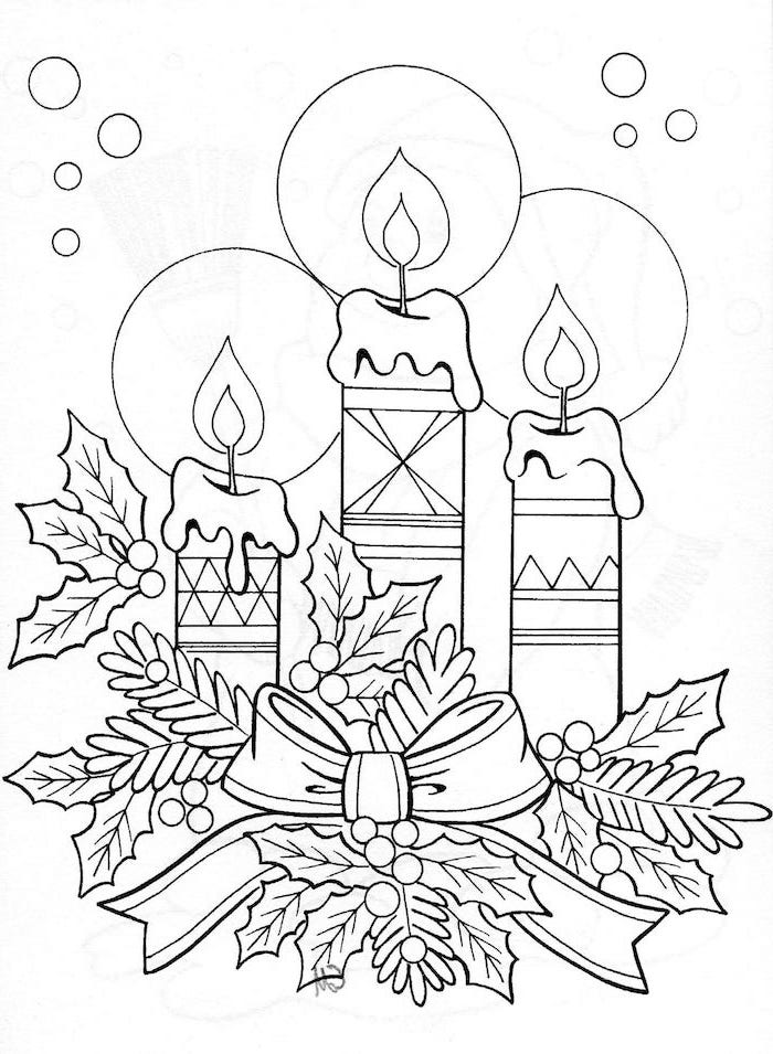 white background with drawing of three candles with ribbon and mistletoe free coloring pages for kids