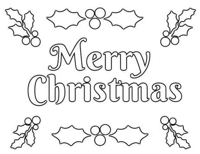 white background with merry christmas written in white with black outline free printable christmas coloring pages mistletoe around it