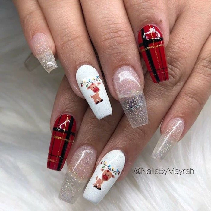 white red and silver glitter nail polish on coffin nails christmas acrylic nails plaid decorations rudolph red nosed reindeer decoration