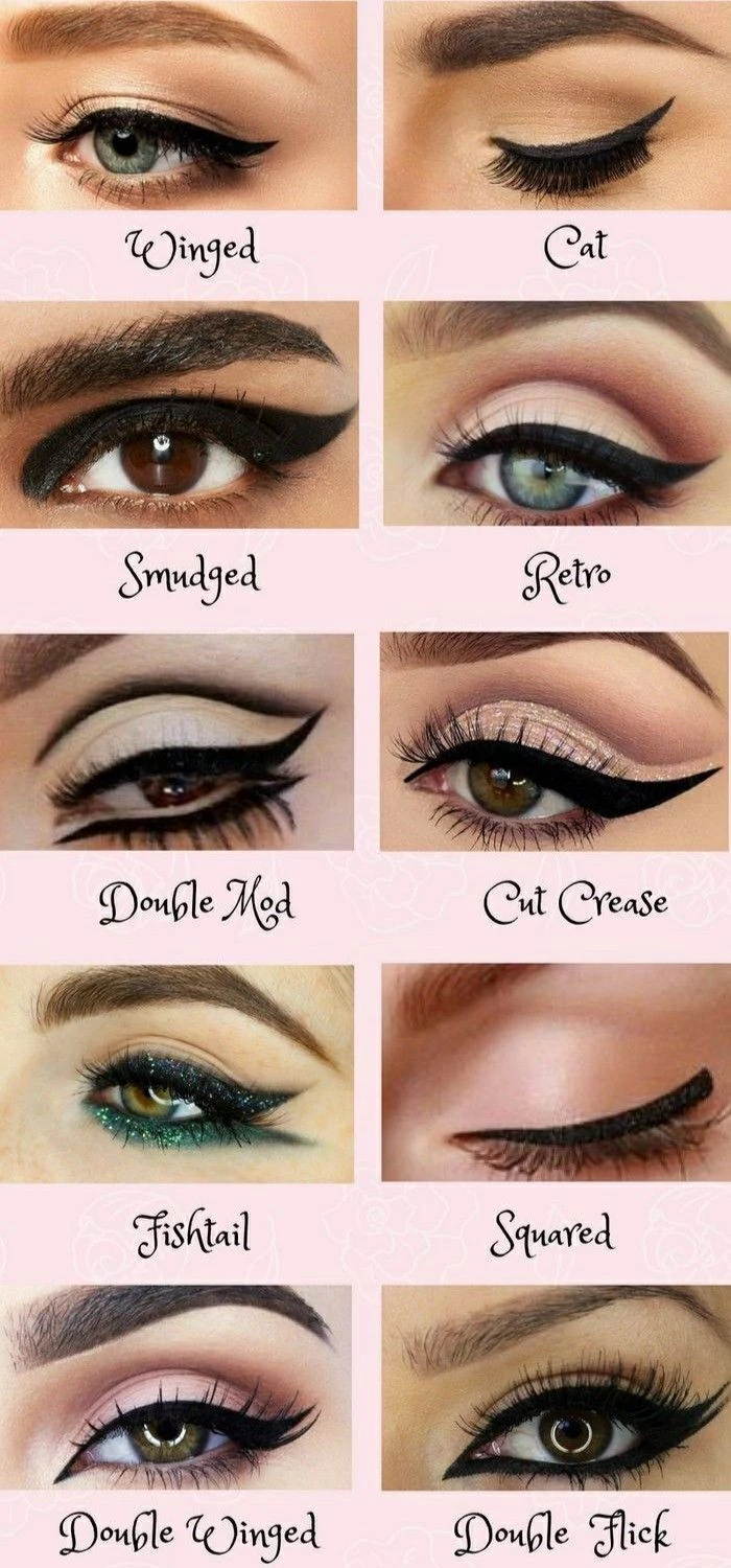 winged eyeliner tutorial photo collage of close ups of different eyes with different kind of eyeliner with their names