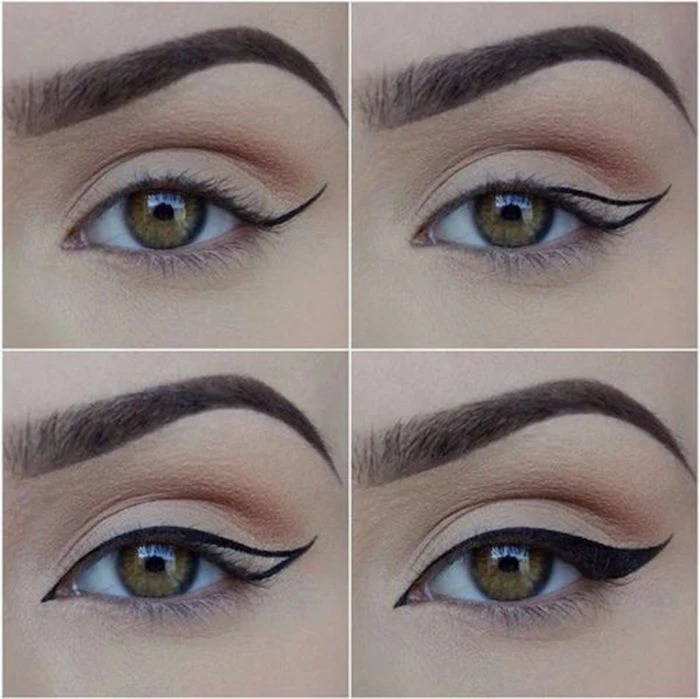 woman with green eyes thick eyebrows eyeliner for almond eyes step by step tutorial in four steps