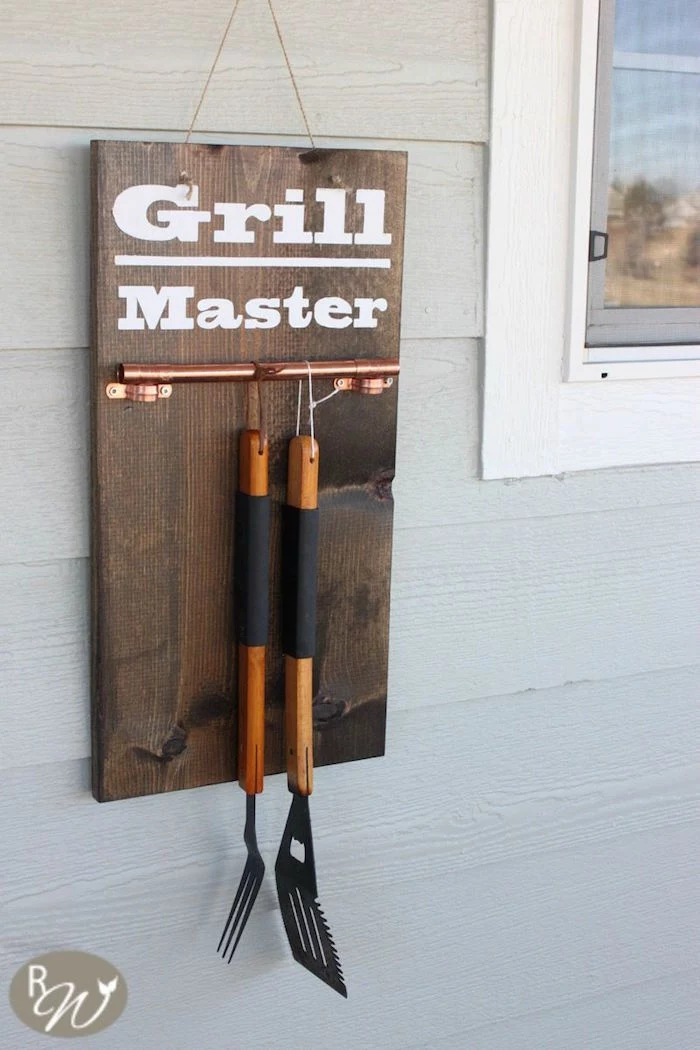 wooden board with railing for grill tools gifts for dad who has everything grill master written on it