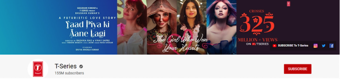 youtube channels front page of the channel t series with hundred million fifty five subscribers