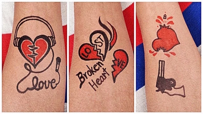 black and red tattoos of broken hearts crying heart tattoo three side by side photos of different tattoos