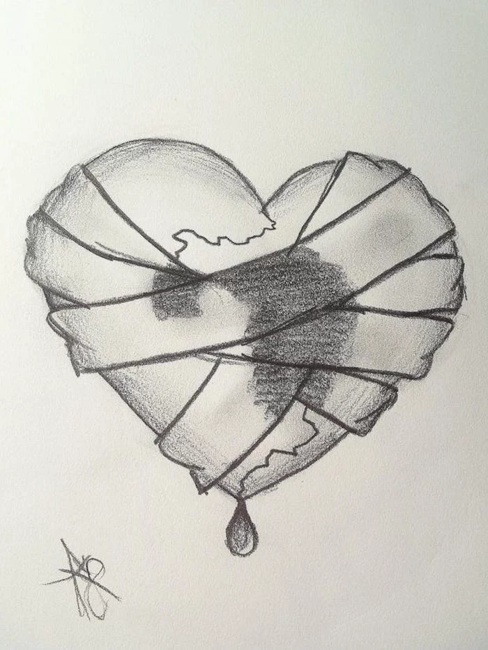 black and white drawing of heart held together with bandages crying heart tattoo bleeding