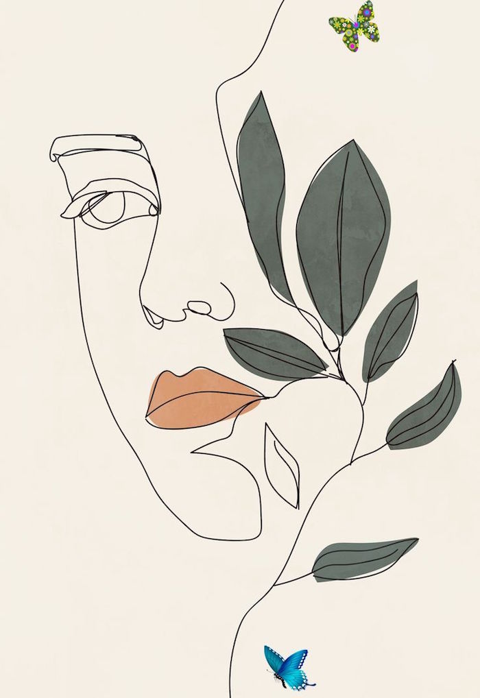 black silhouette of female face with orange lips 4k minimalist wallpaper green leaves on the side