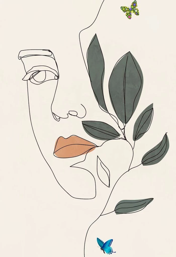 black silhouette of female face with orange lips 4k minimalist wallpaper green leaves on the side