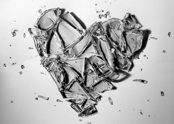 broken heart tattoo black and white realistic drawing of heart made of glass shattered on white background