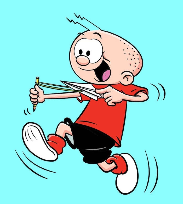cartoon drawing of boy running around simple paper airplane holding a pencil with plane tied to it with a rubber band