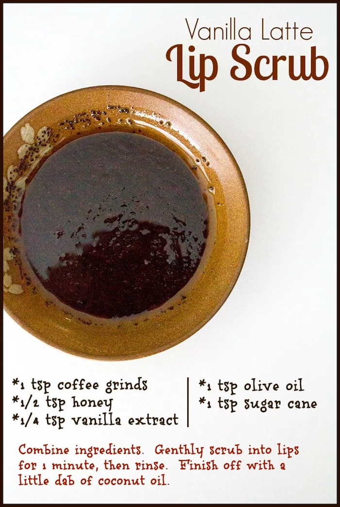 cofee grinds honey vanilla extract olive oil sugar cane how to make lip scrub vanilla latte