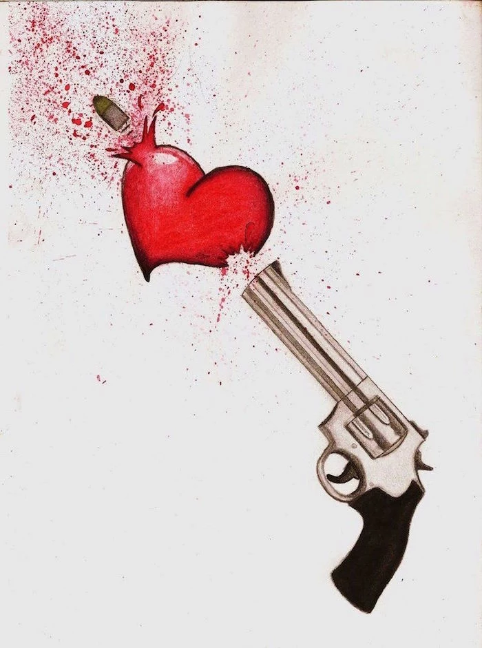 colored drawing of gun shooting a bullet through a red heart heart finger tattoo white background