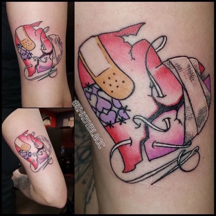 colored heart in pink purple and red broken stitched up with bandages back of arm tattoo heart finger tattoo